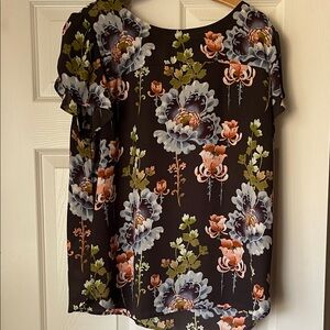 LOFT Black Floral Blouse with Pink and Green Accents